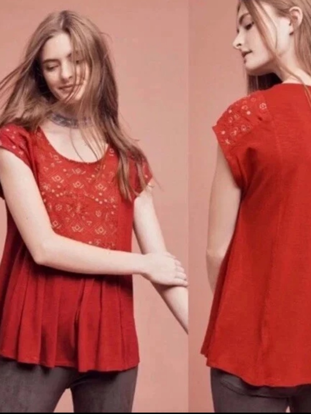Anthropologie Akemi + Kin Boho Chic Embroidered Red Peasant Top Short Sleeve M